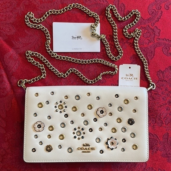 Brand New Genuine Leather Coach Chalk Flower Metal Studded Chain Crossbody Purse - Picture 3 of 16